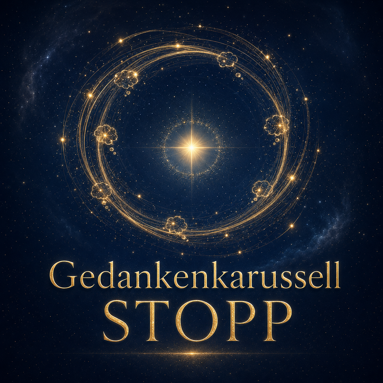 Goldenes Gedankenkarussell mit STOPP im Sternenring Vor dunkelblauem Sternenhimmel steht ein goldener Kreis aus Lichtspuren, darunter der Schriftzug Gedankenkarussell STOPP.