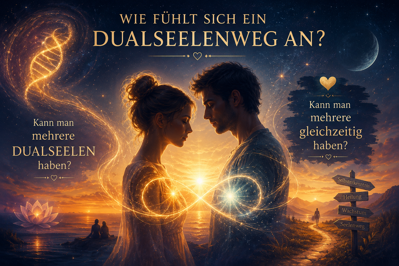 Ein Mann und eine Frau stehen sich im Licht der untergehenden Sonne gegenüber, umgeben von goldenen Lichtbahnen und Sternen.