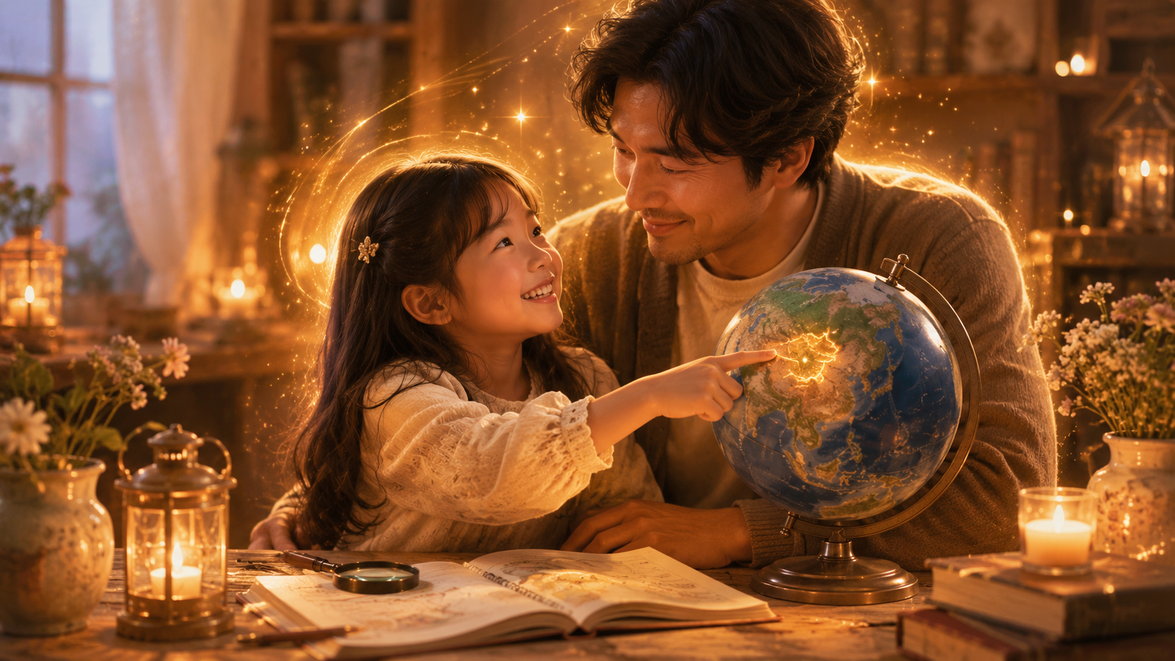 gefunden-mongolei Ein Mann und ein lächelndes Kind zeigen gemeinsam auf die Mongolei auf einem Globus im warmen, kerzenbeleuchteten Raum.