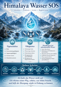 Dramatische Himalaya-Landschaft mit Wasserfall, leuchtendem Wassertropfen und dem Titel „Himalaya Wasser SOS“