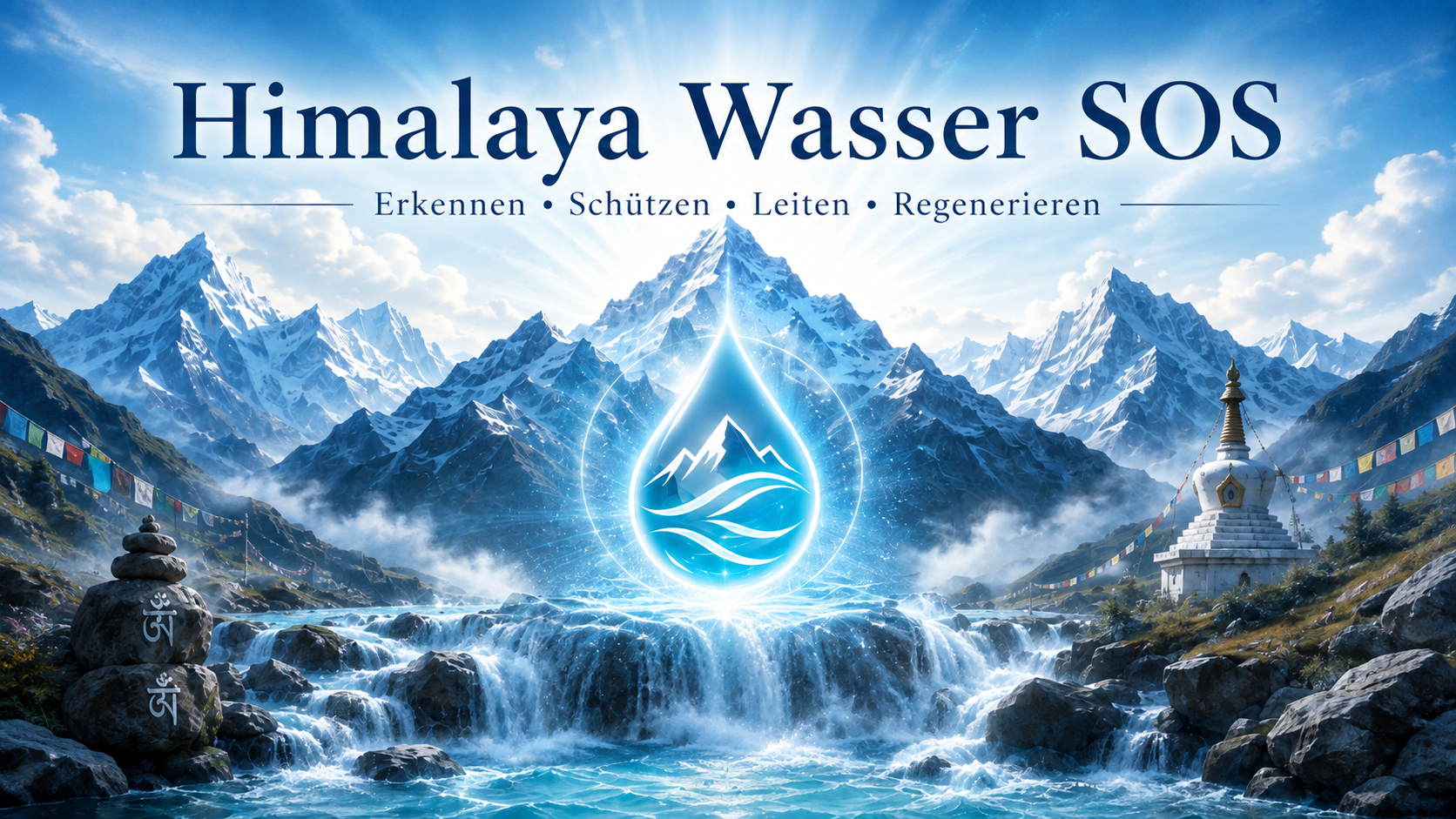 Leuchtendes Wassertropfen-Symbol über einem Wasserfall im Himalaya mit dem Schriftzug „Himalaya Wasser SOS“.