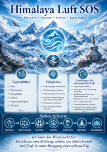 Blau leuchtende Berglandschaft mit Himalaya-Luft-SOS-Symbol, Eigenschaften, Fähigkeiten und sieben Schritten zur Orientierung