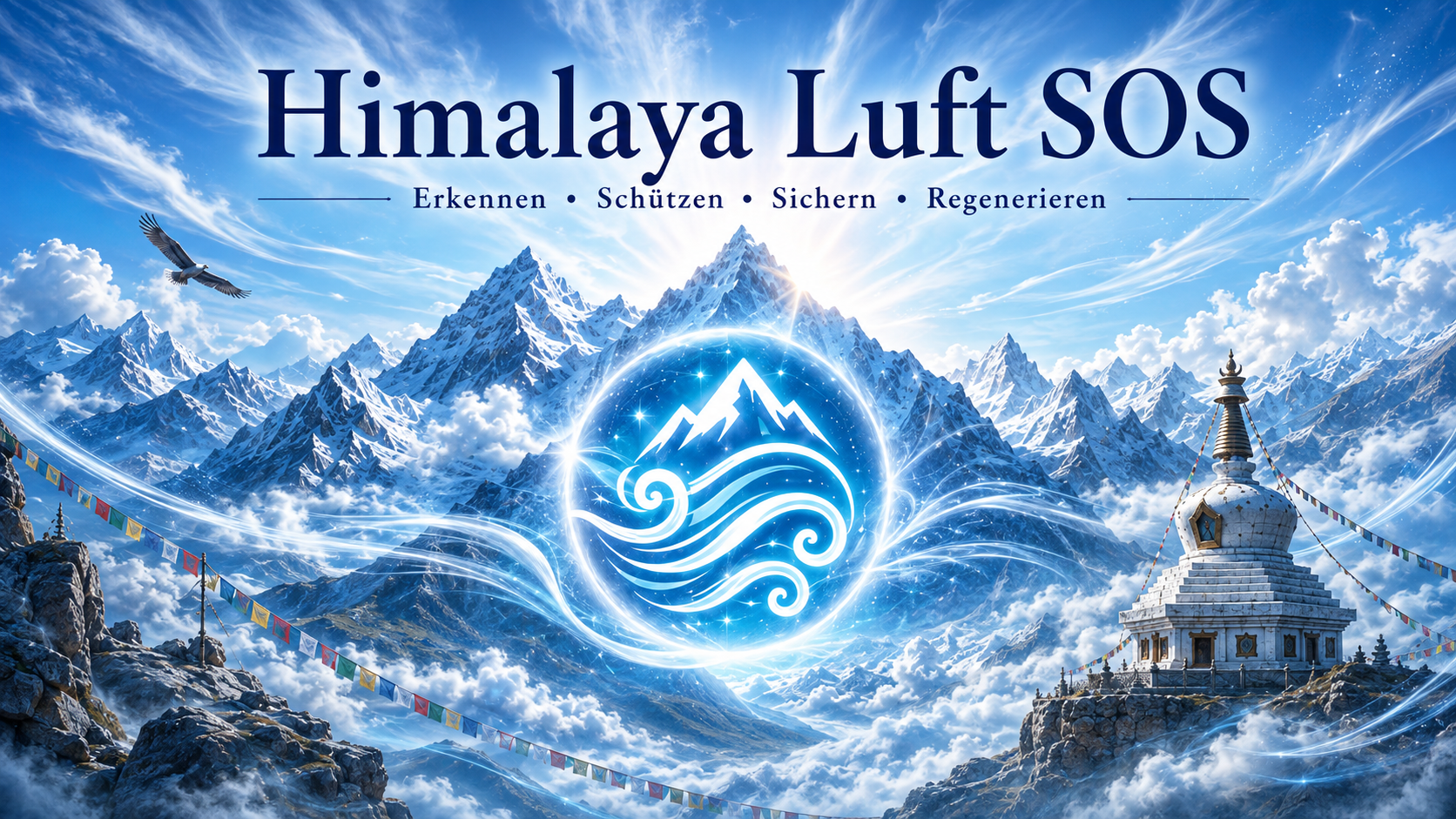 Leuchtendes blaues Luftsymbol vor verschneiten Himalaya-Bergen mit Kloster, Gebetsfahnen und dem Titel Himalaya Luft SOS
