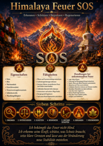 Infografik „Himalaya Feuer SOS“ mit goldenem Flammensymbol, verschneiten Bergen, Stupa und sieben Schritten zum Umgang mit Feuer