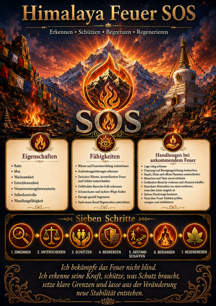 Infografik „Himalaya Feuer SOS“ mit goldenem Flammensymbol, verschneiten Bergen, Stupa und sieben Schritten zum Umgang mit Feuer