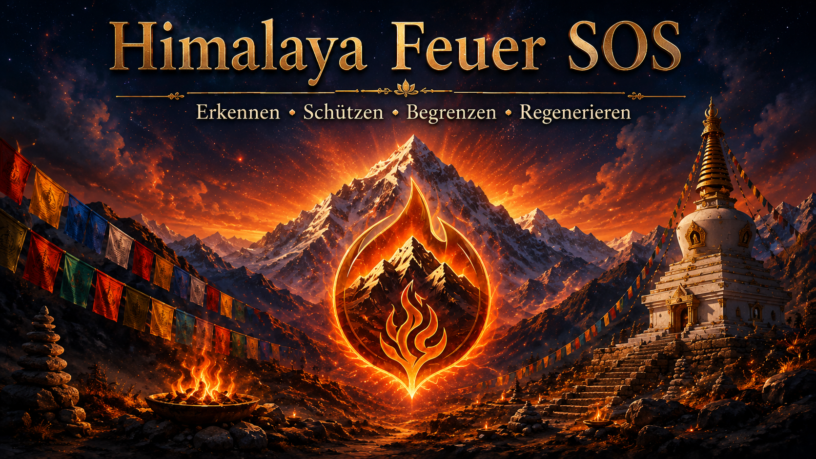 Ein leuchtendes Feuersymbol steht vor schneebedeckten Himalaya-Gipfeln, Gebetsfahnen und einer buddhistischen Stupa.