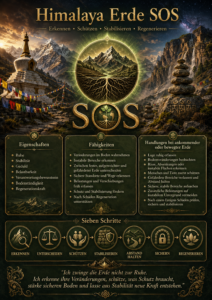 Goldene Lehrtafel zu Himalaya Erde SOS mit Berglandschaft, Erdzentrum, SOS-Symbol und sieben Schritten zur Stabilität