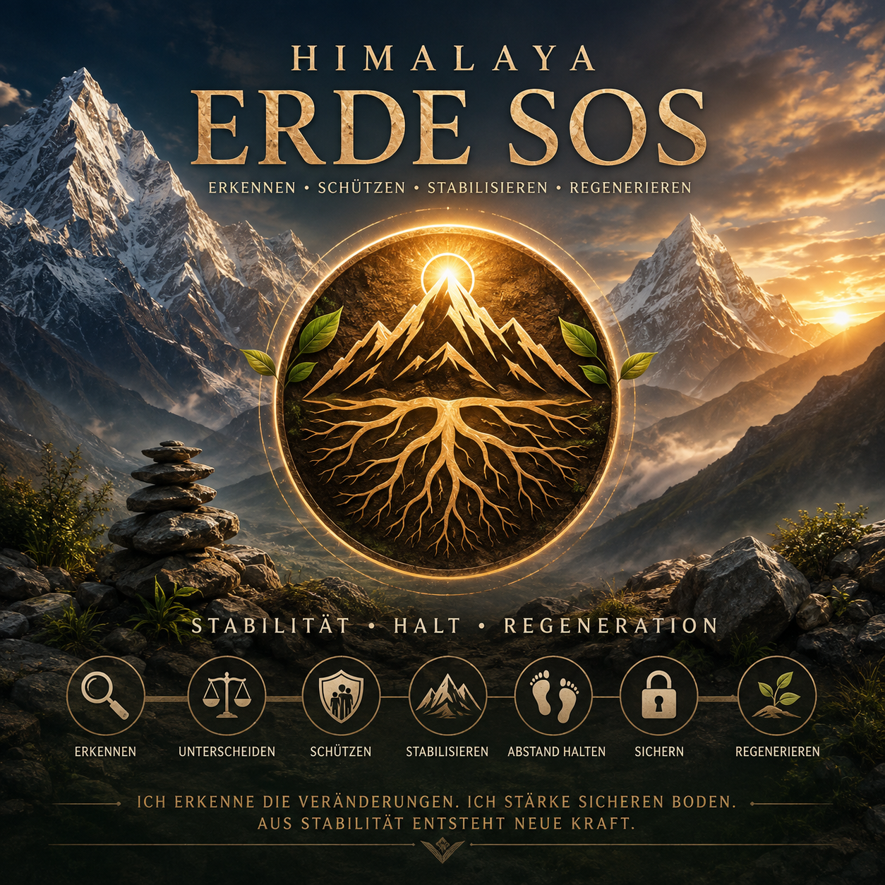 Goldenes Erde-SOS-Emblem mit Bergmotiv und Wurzeln vor verschneiten Himalaya-Gipfeln und Schutzsymbolen