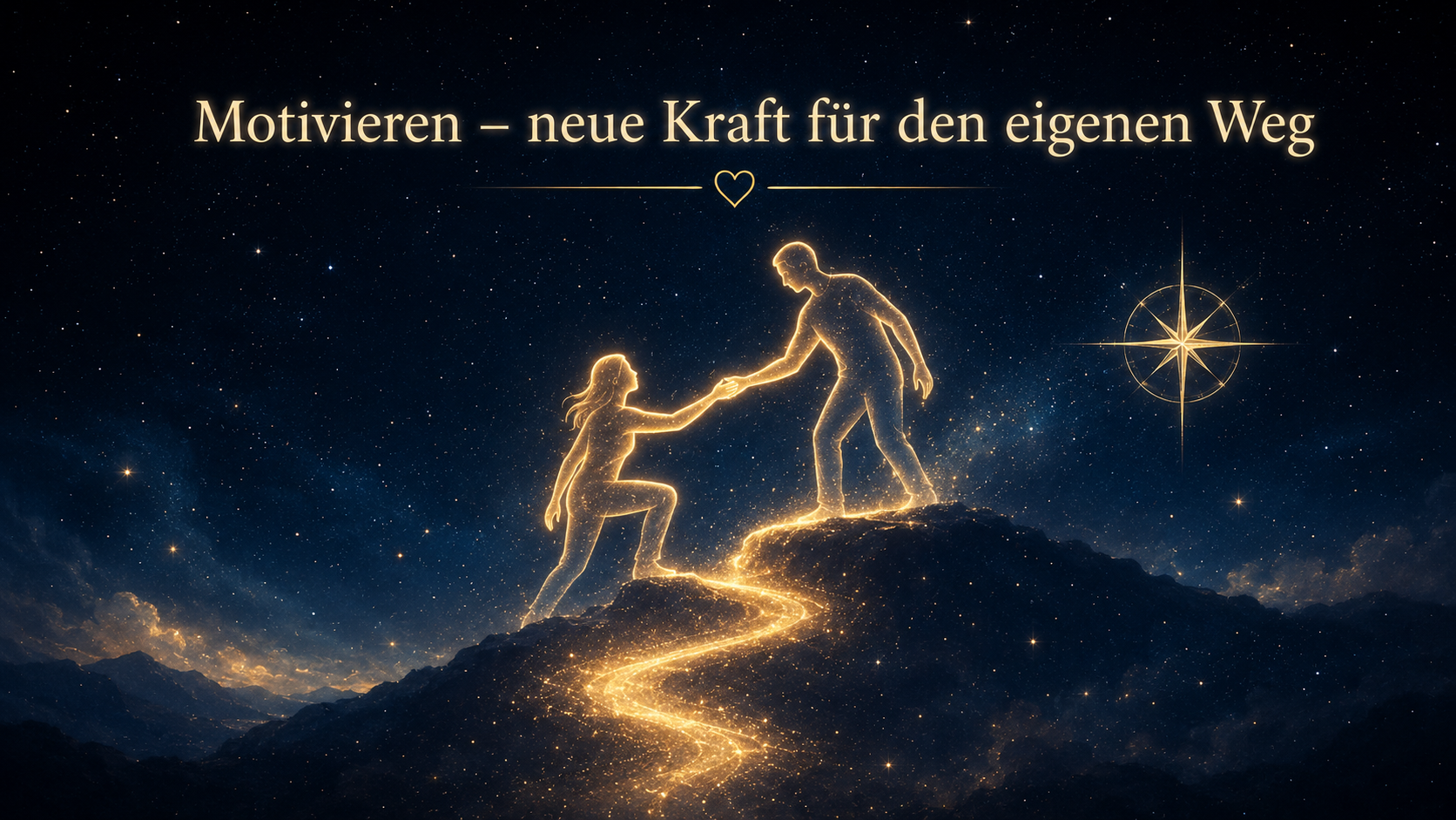 Unter dem Titel „Motivieren – neue Kraft für den eigenen Weg“ reichen sich zwei leuchtende Figuren auf einem goldenen Pfad die Hand.