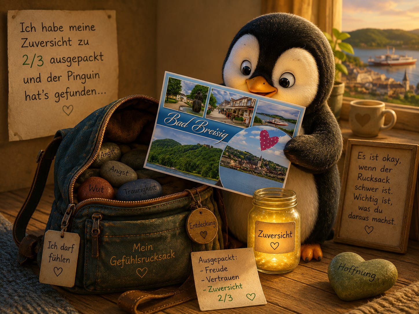 Bad Breisig mit Marco dem Pinguin, Zuversicht und 2/3 Ein Pinguin hält eine Bad-Breisig-Postkarte neben einem leuchtenden Glas mit Zuversicht und einem Gefühlsrucksack.