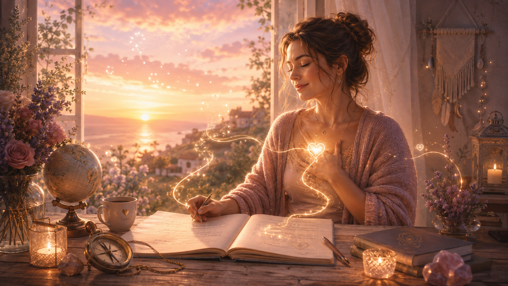 Eine Frau schreibt bei Sonnenuntergang in ein offenes Notizbuch und legt die Hand an die Brust, umgeben von warmem Licht.