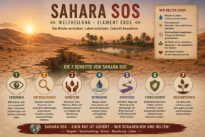 Sahara SOS: Sieben Schritte zum Schutz und Erhalt der Wüste Sahara SOS zeigt sieben Schritte zum Erkennen, Unterscheiden, Schützen, Bewahren, Anpassen, Stabilisieren und Regenerieren