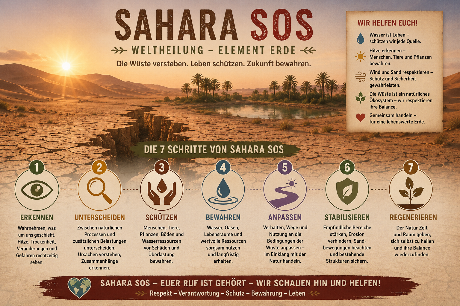 Sahara SOS zeigt sieben Schritte zum Erkennen, Unterscheiden, Schützen, Bewahren, Anpassen, Stabilisieren und Regenerieren
