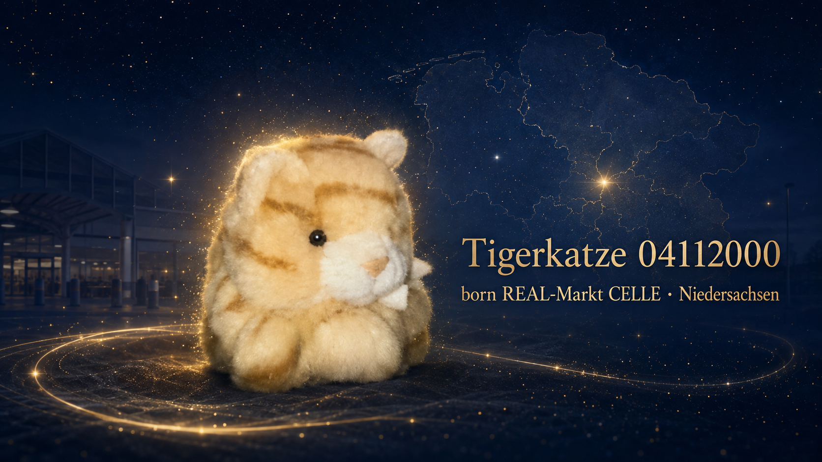 Ein goldfarbenes Tigerkatzen-Plüschtier sitzt vor einem dunklen Sternenhimmel; rechts steht „Tigerkatze 04112000“.