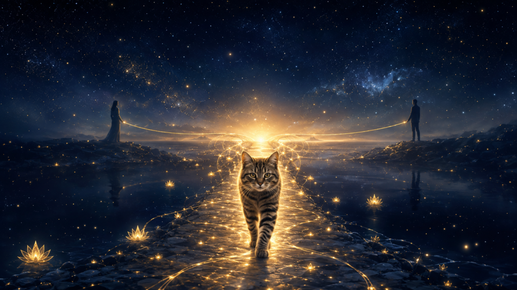 Eine Tigerkatze läuft über einen goldenen Lichtpfad, während zwei Figuren am Rand eine Lichtverbindung halten.