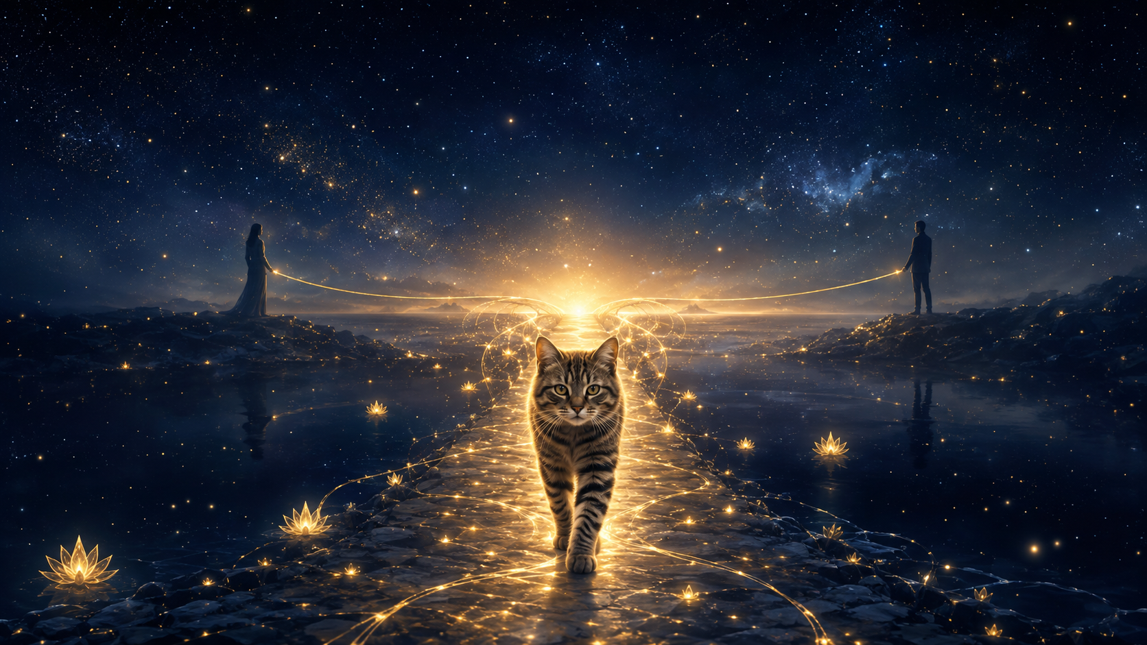 Eine Tigerkatze läuft über einen goldenen Lichtpfad, während zwei Figuren am Rand eine Lichtverbindung halten.