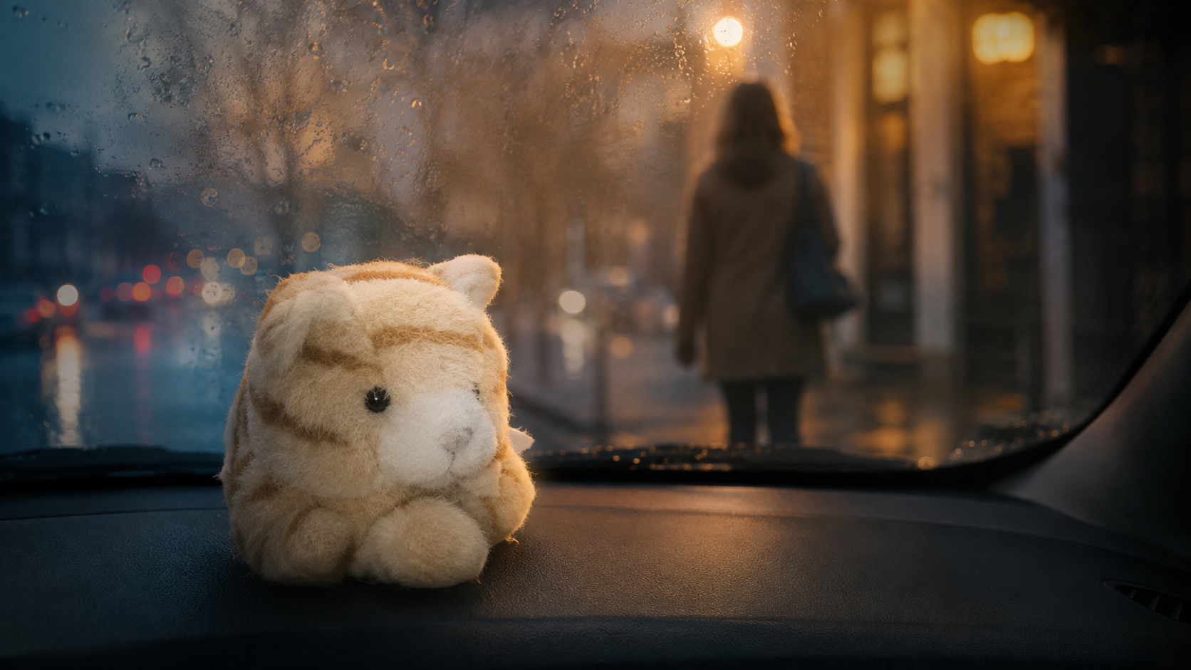 Ein weiches Tigerkatzen-Plüschtier sitzt auf dem Armaturenbrett, während draußen eine verschwommene Person im Regen steht.